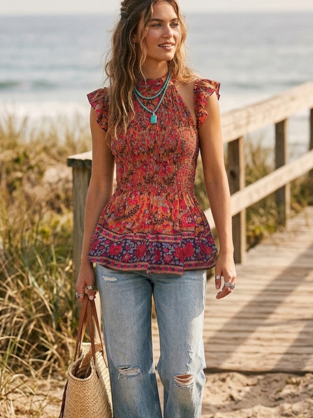 Haute Hippie Smocked Top Halter Peplum sz XS New Boho